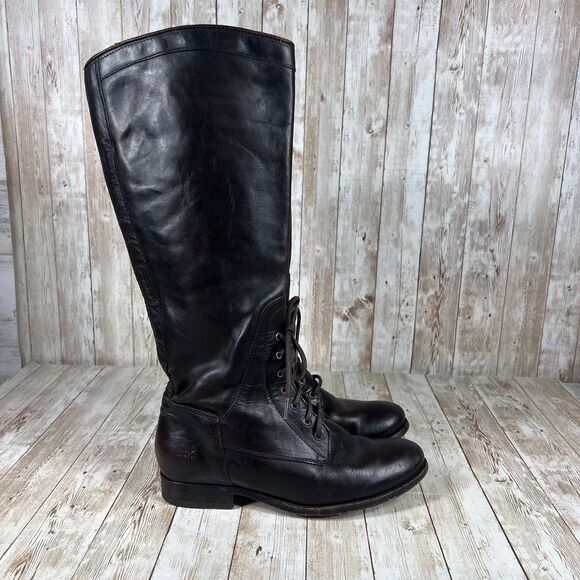 Frye Melissa Leather Tall Lace-Up Combat Riding Boots Classic ‎ Style Womens 7 - Picture 1 of 9